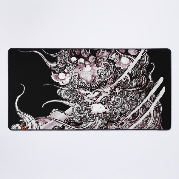The Guardian lions: Fuu Dog Mythology Japan Art Culture Tattoo black t shirt Desk Mat