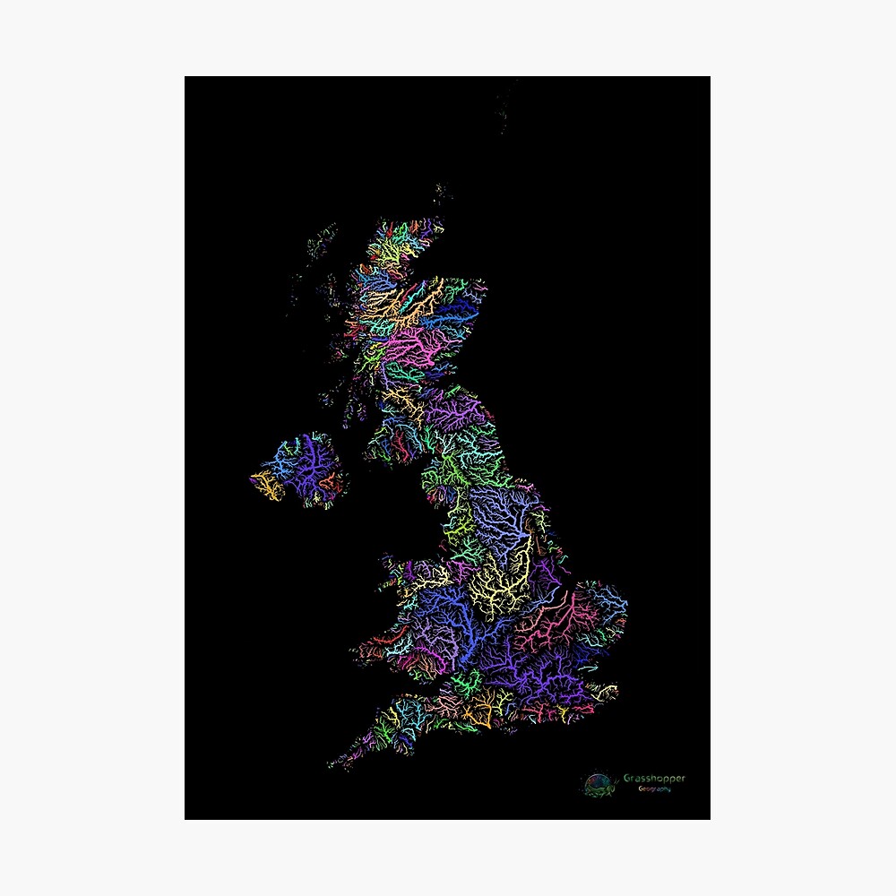 United Kingdom River Basin Map in Rainbow Colours with Black Background