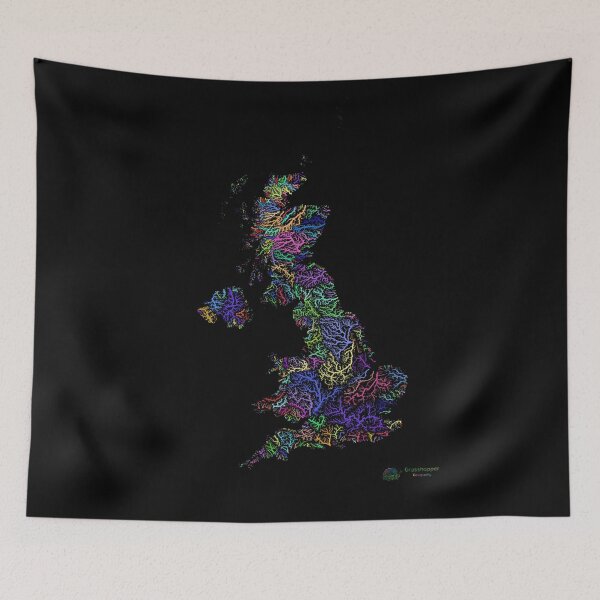 Item preview, United Kingdom River Basin Map in Rainbow Colours with Black Background designed and sold by GrasshopperGeo.