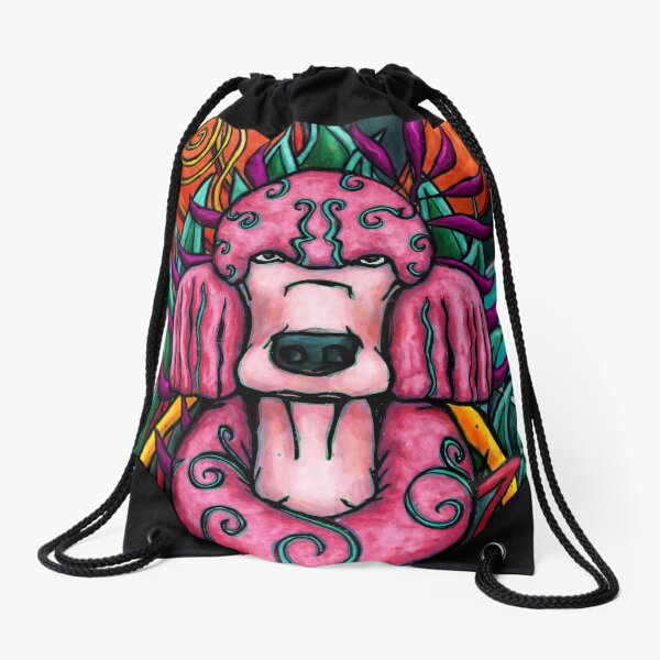 Pink poodle in an abstract jungle decor Drawstring Bag