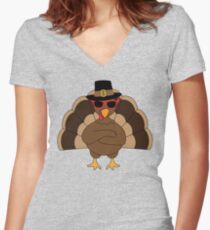 Cool Turkey with sunglasses Happy Thanksgiving Women's Fitted V-Neck T-Shirt