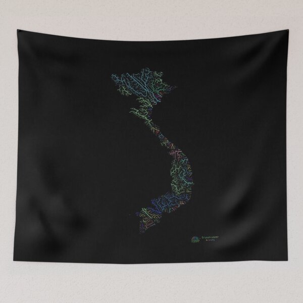 Item preview, Vietnam River Basin Map in Rainbow Colours with Black Background designed and sold by GrasshopperGeo.