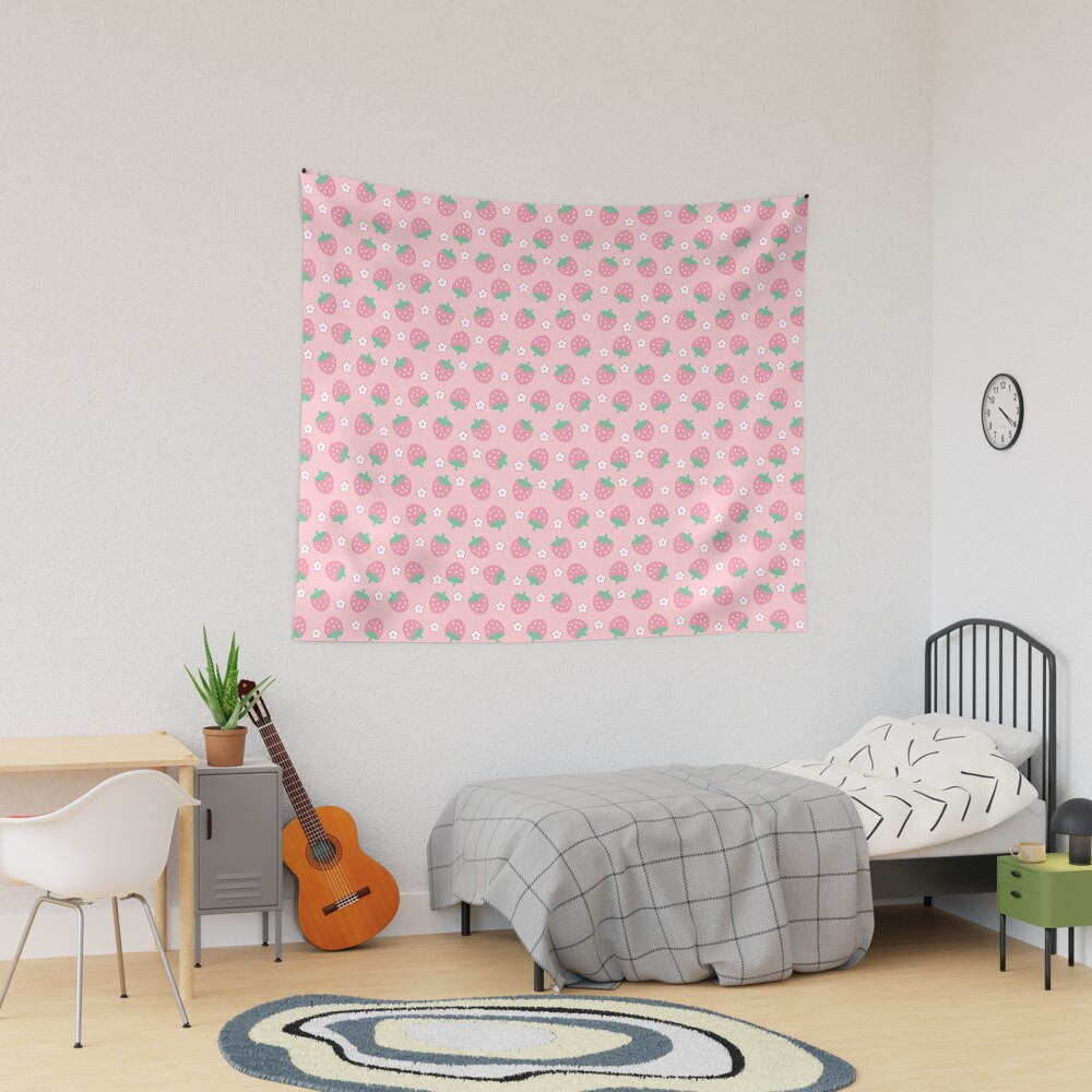Strawberries Pink White Flowers Sakura Kawaii Cute Pastel Aesthetic Tapestry