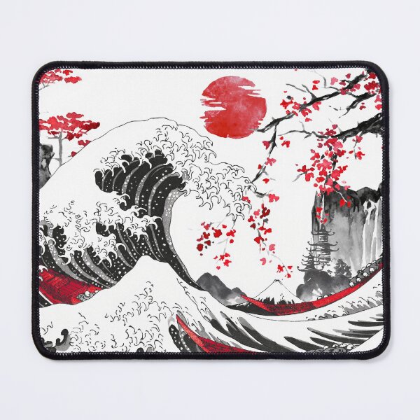 The Great Wave by Hokusai Sumi-e Art Ink Watercolor Painting Japanese Art Black Red Mouse Pad
