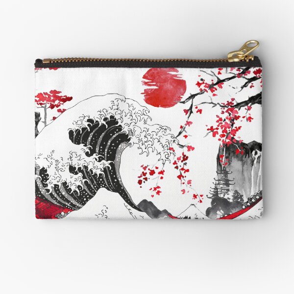 The Great Wave by Hokusai Sumi-e Art Ink Watercolor Painting Japanese Art Black Red Zipper Pouch