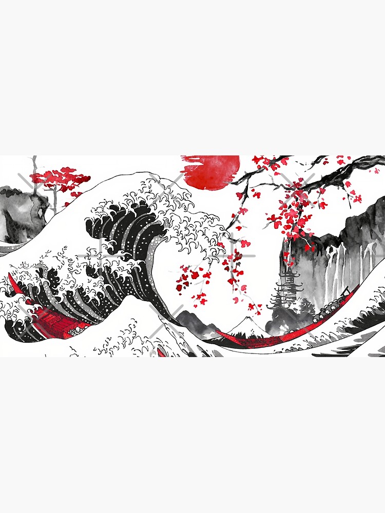 The Great Wave by Hokusai Sumi-e Art Ink Watercolor Painting Japanese Art Black Red by strangebird2014