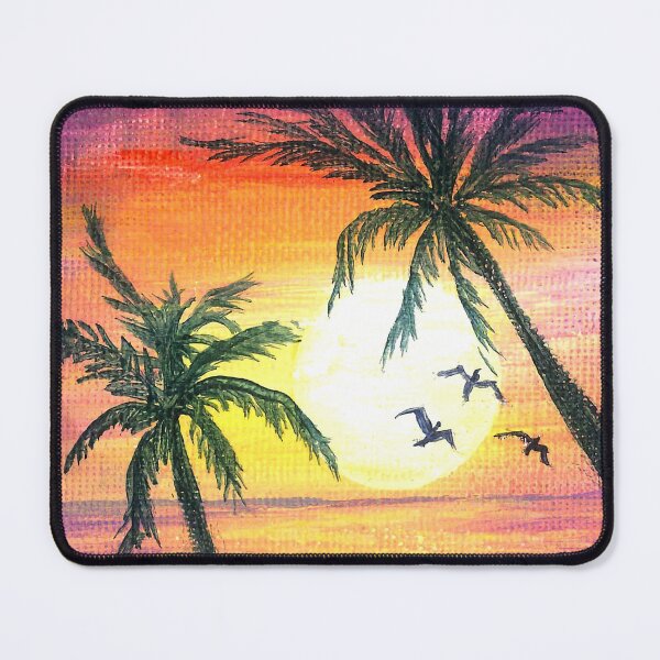 Item preview, Tropical orange sunset reflecting on sea with silhouette palm trees and birds designed and sold by Goldstarwork.