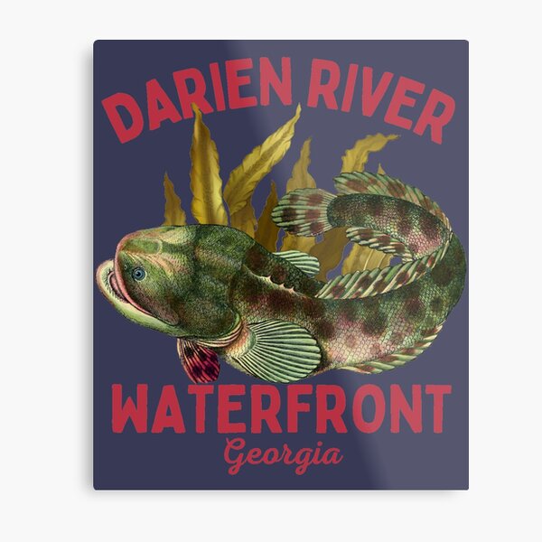 Darien River Waterfront Georgia, Red Text- Vacation / Fishing Metal Print