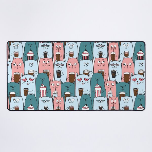 Funny - Cats With Coffee Print - Pink and Blue - Cat Desk Mat
