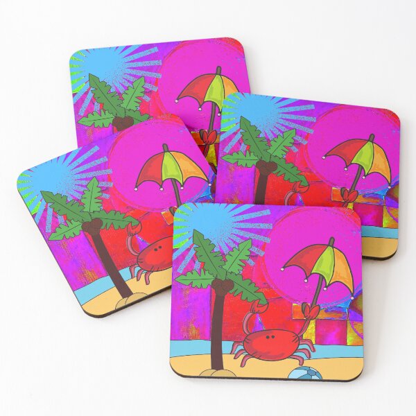 Item preview,  CUTE FUNNY CARTOON FUCHSIA  RED PINK CRAB WITH UMBRELLA ON BEACH ORIGINAL ART  designed and sold by EllieMonroe.