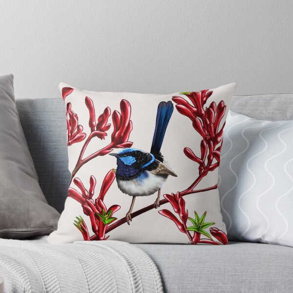 Blue Wren in Kangaroo Paw Flowers #2 by Australian artist Laural Retz Throw Pillow