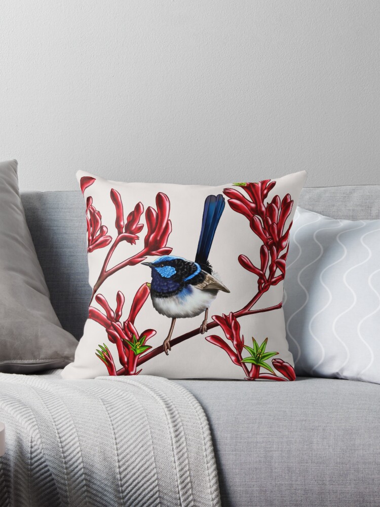 Thumbnail 1 of 4, Pillow, Blue Wren in Kangaroo Paw Flowers #2 by Australian artist Laural Retz designed and sold by lauralretz.
