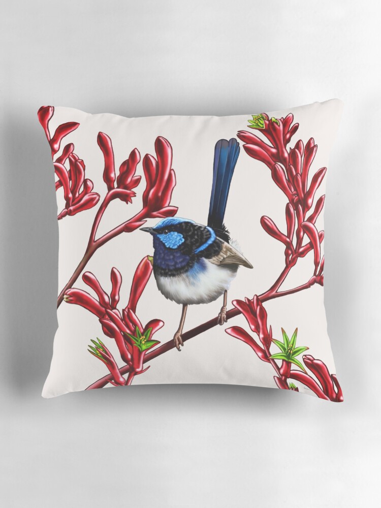 Thumbnail 3 of 4, Pillow, Blue Wren in Kangaroo Paw Flowers #2 by Australian artist Laural Retz designed and sold by lauralretz.