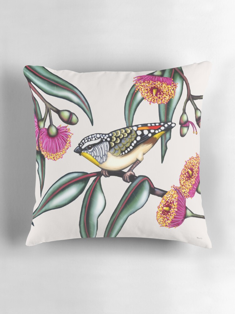 Thumbnail 3 of 4, Pillow, Pardalote in Gum Flowers #2 by Australian artist Laural Retz designed and sold by lauralretz.