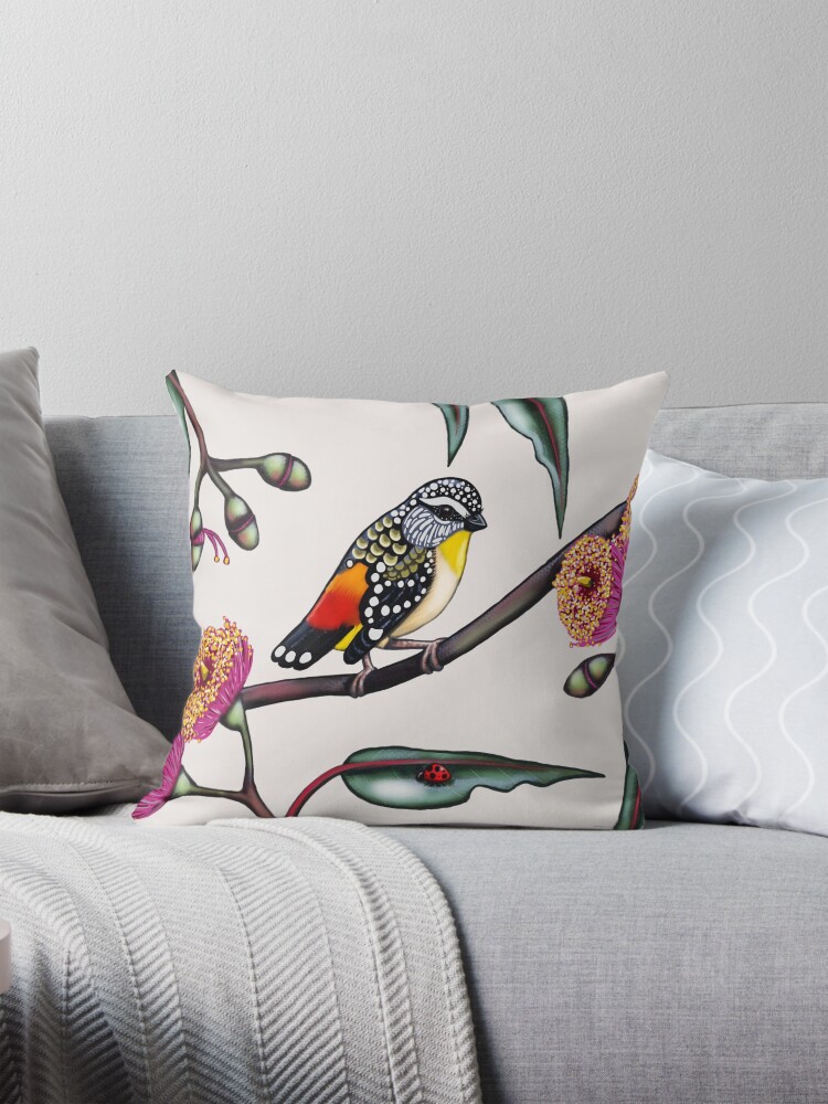 Thumbnail 1 of 4, Pillow, Pardalote in Gum Flowers #1 designed and sold by lauralretz.