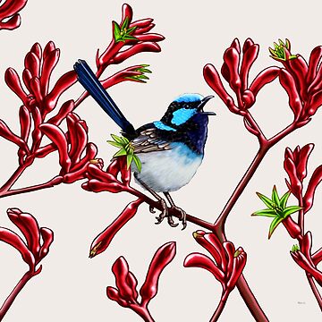 Artwork thumbnail, Blue Wren in Kangaroo Paws #1 by Australian artist Laural Retz by Laural Retz