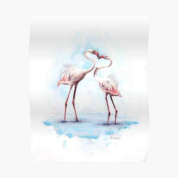Flamingos Bird Watercolor Painting hand painted and signed Poster