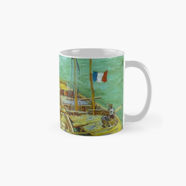 Barges on the Rhone River, 1888 by Vincent Van Gogh (Remastered) Boats loading in a river with france flag Classic Mug