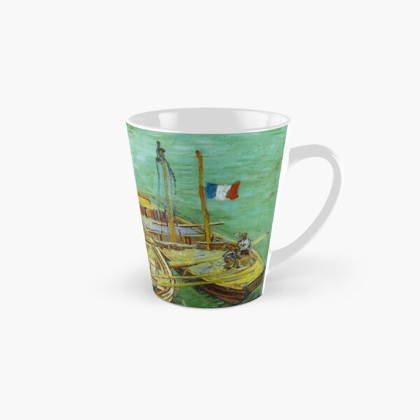 Barges on the Rhone River, 1888 by Vincent Van Gogh (Remastered) Boats loading in a river with france flag Tall Mug