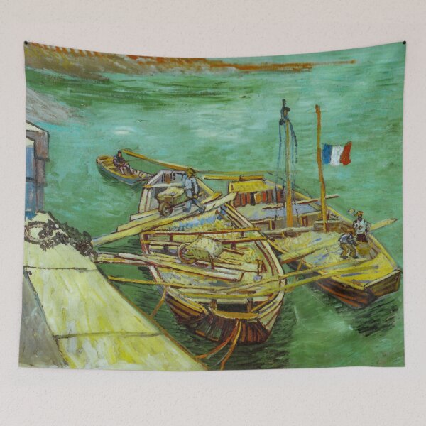 Item preview, Barges on the Rhone River, 1888 by Vincent Van Gogh (Remastered) Boats loading in a river with france flag designed and sold by Paintism.
