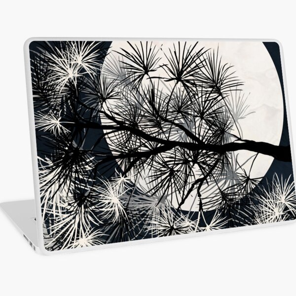 Pine Tree with Moon Graphic black and white Print Laptop Skin