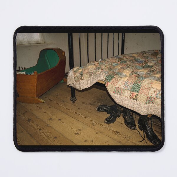 Item preview, Vintage wooden rocking baby bed, old fashioned woman's black leather shoes and the bed with the blanket in the dark room designed and sold by AlbertMi.