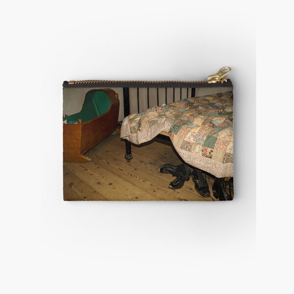Item preview, Vintage wooden rocking baby bed, old fashioned woman's black leather shoes and the bed with the blanket in the dark room designed and sold by AlbertMi.