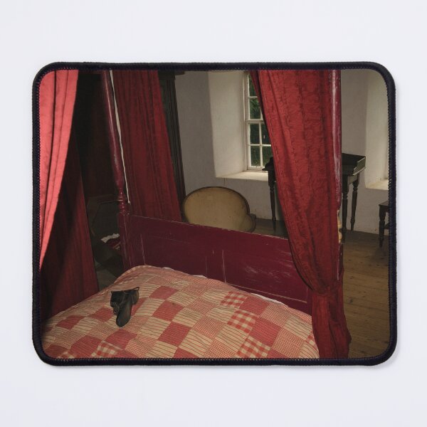 Item preview, Antique vintage bed with red curtains, leather woman's shoe on the blanket, in the dark old style room with windows and furniture designed and sold by AlbertMi.