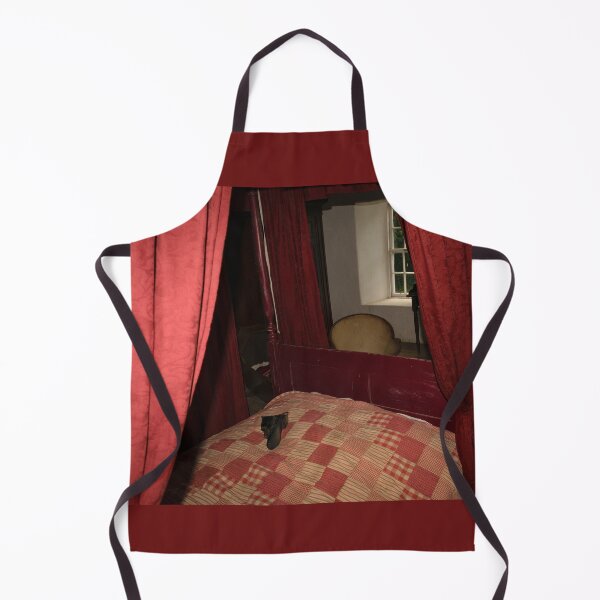 Item preview, Antique vintage bed with red curtains,  leather woman's shoe on the blanket, in the dark old style room with windows and furniture designed and sold by AlbertMi.