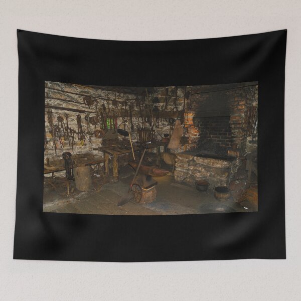 Item preview, Antique vintage workshop with blacksmith's rusty tools and stone furnace designed and sold by AlbertMi.