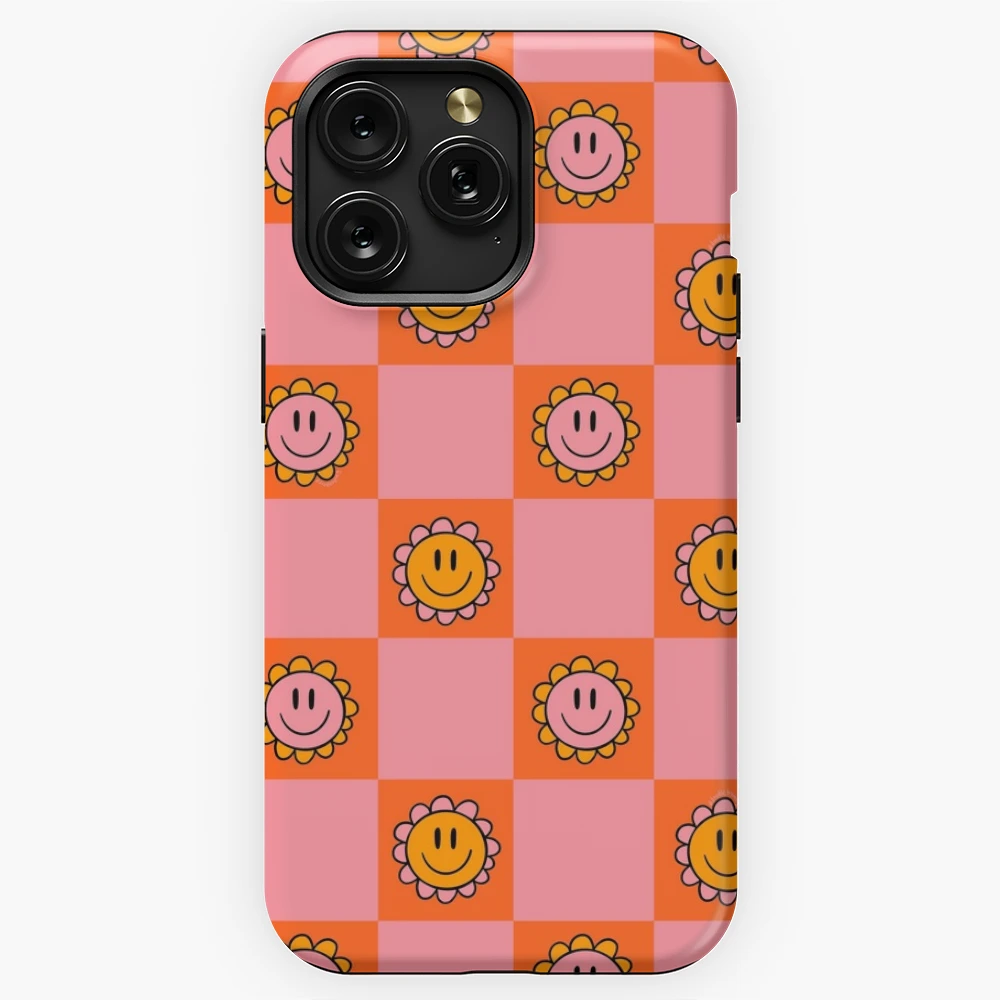 Pink Orange Smiley Face Checkerboard Print