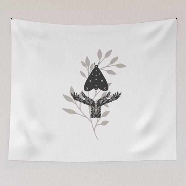 Item preview, Watercolor Black Moth Crescent Moon Wings Held by Cupped Silhouette Hands With Wildflower Tattoos Flies across watercolor wildflowers designed and sold by Monica Laipple.