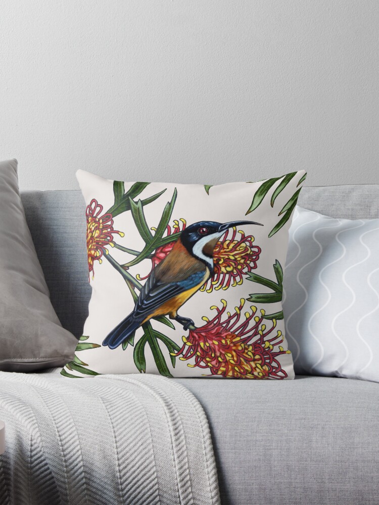 Thumbnail 1 of 4, Pillow, Eastern Spinebill in Grevillea #2 by Australian artist Laural Retz designed and sold by lauralretz.