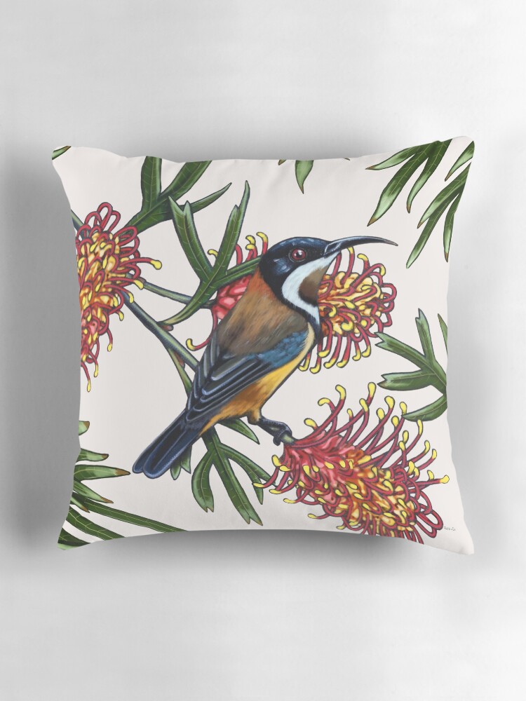 Thumbnail 3 of 4, Pillow, Eastern Spinebill in Grevillea #2 by Australian artist Laural Retz designed and sold by lauralretz.