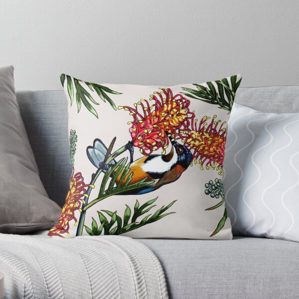 Eastern Spinebill in Grevillea #1 by Australian artist Laural Retz Throw Pillow