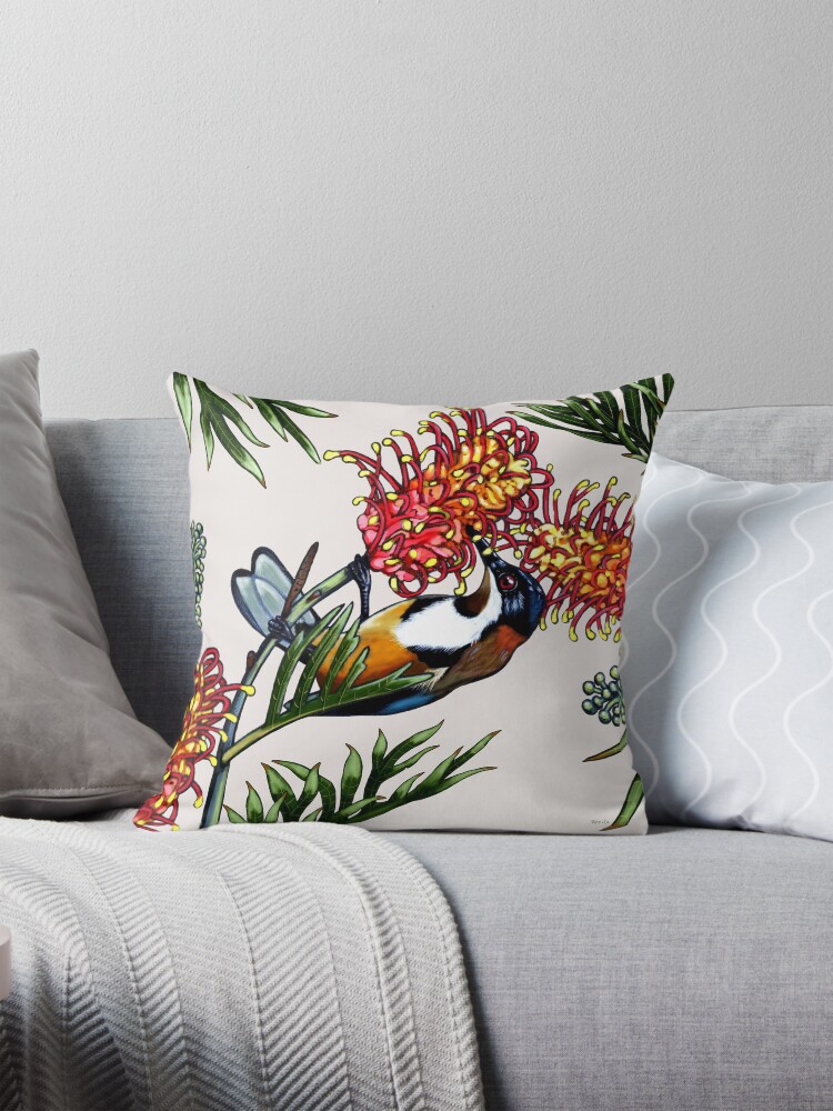 Thumbnail 1 of 4, Pillow, Eastern Spinebill in Grevillea #1 by Australian artist Laural Retz designed and sold by lauralretz.