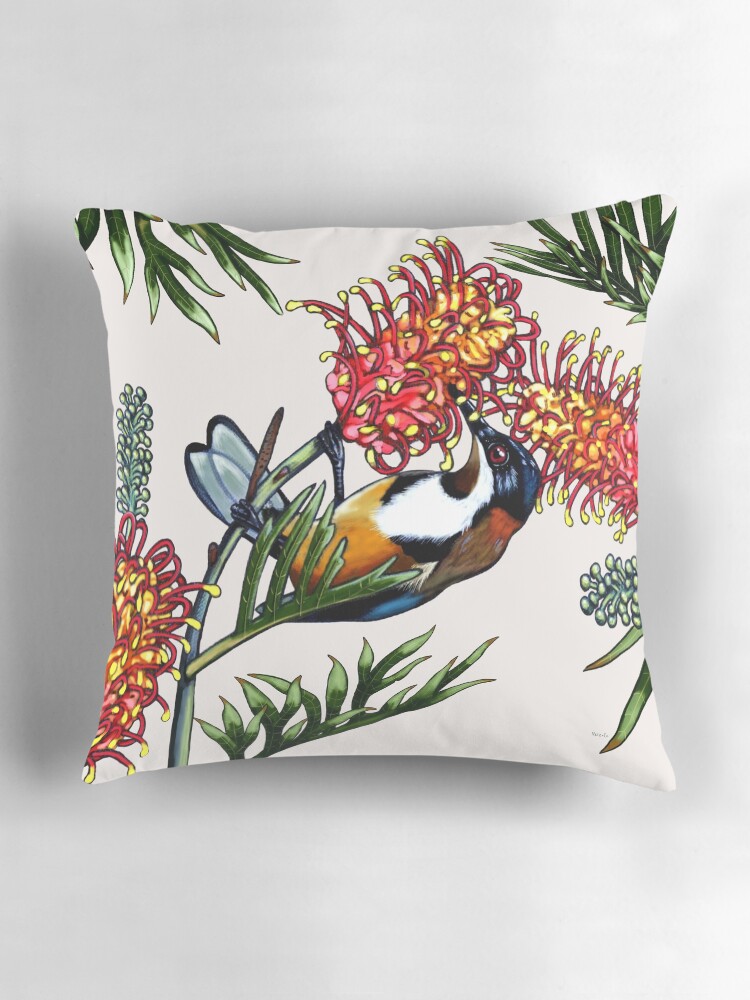 Thumbnail 3 of 4, Pillow, Eastern Spinebill in Grevillea #1 by Australian artist Laural Retz designed and sold by lauralretz.