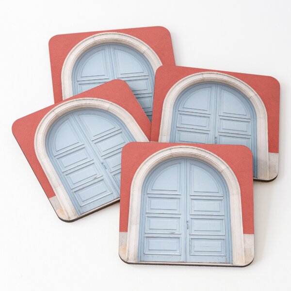 Item preview, Powder blue door on deep ochre wall.  designed and sold by mhailittlearts.