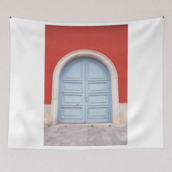 Item preview, Powder blue door on deep ochre wall.  designed and sold by mhailittlearts.