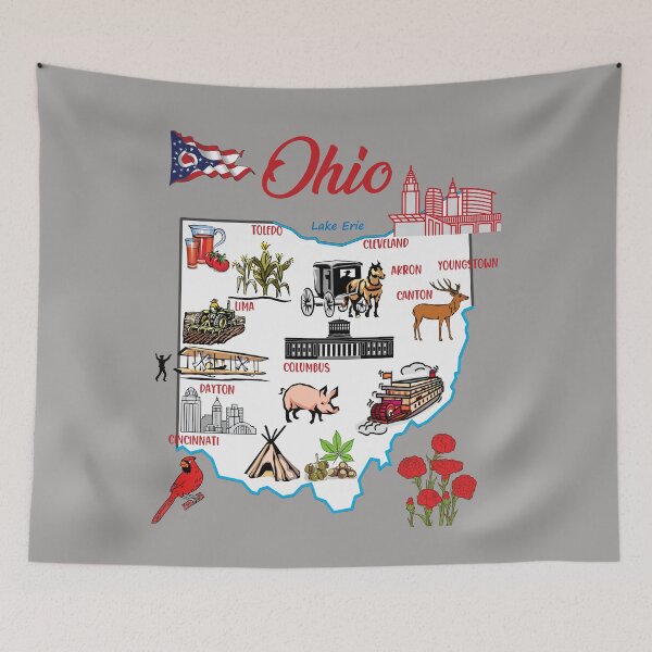 Item preview, Ohio tourist map with landmarks and famous symbols, USA, United States designed and sold by mashmosh.