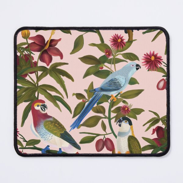 Pink Floral Parrot Pattern Mouse Pad