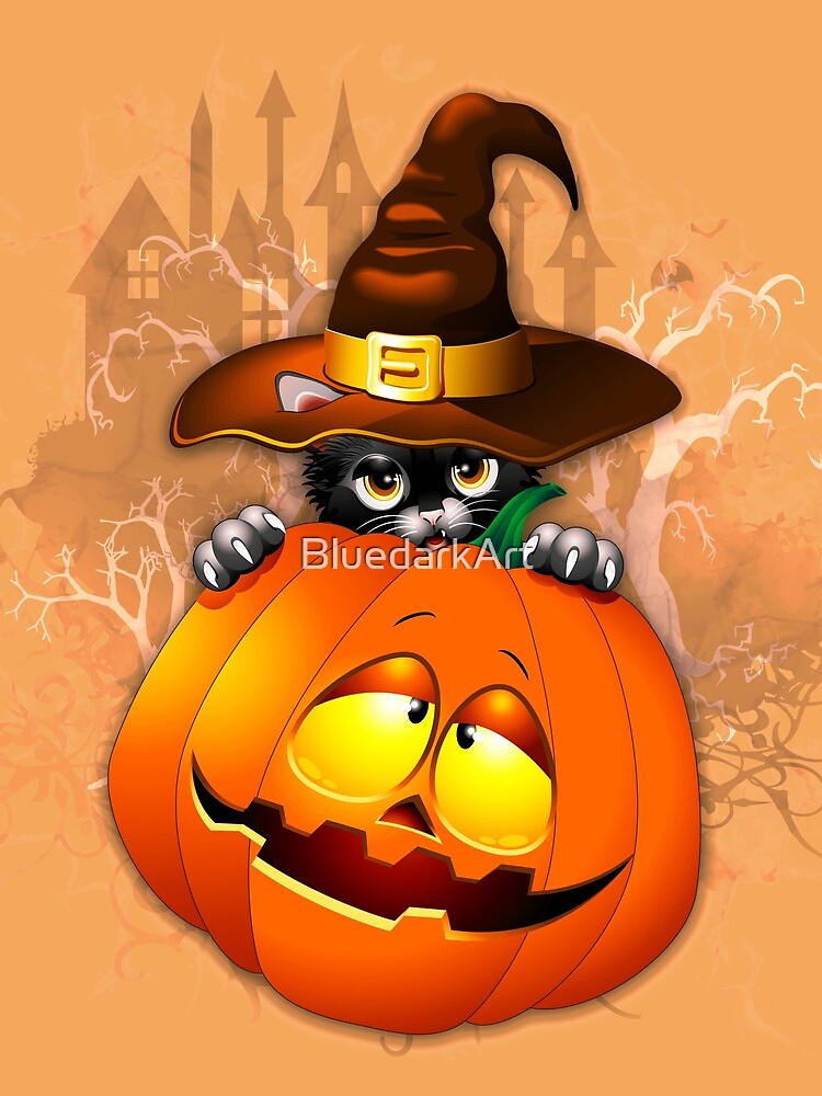 Halloween Kitty Cat with Witch Hat and a Halloween Pumpkin by BluedarkArt