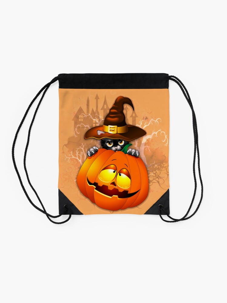 Alternate view of Halloween Kitty Cat with Witch Hat and a Halloween Pumpkin Drawstring Bag