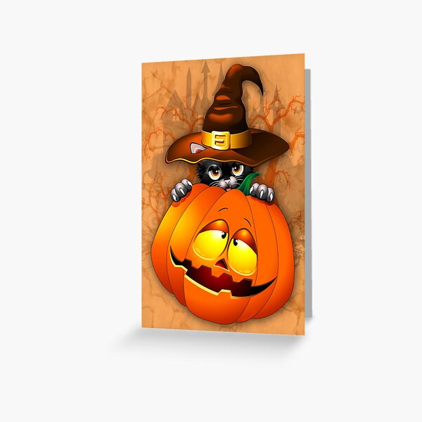 Halloween Kitty Cat with Witch Hat and a Halloween Pumpkin Greeting Card