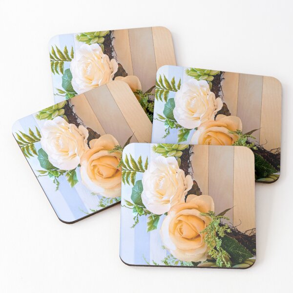 Item preview, Peony wreath with succulants in front of stripped blue and white wallpaper designed and sold by TrystaLC.
