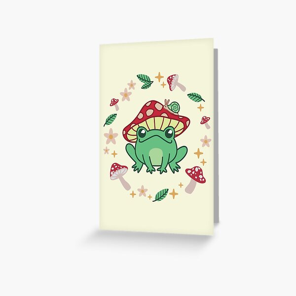 Cute Cottagecore Frog In Red Mushroom Hat - Goblincore Fly Agaric Froggy with Snail Greeting Card