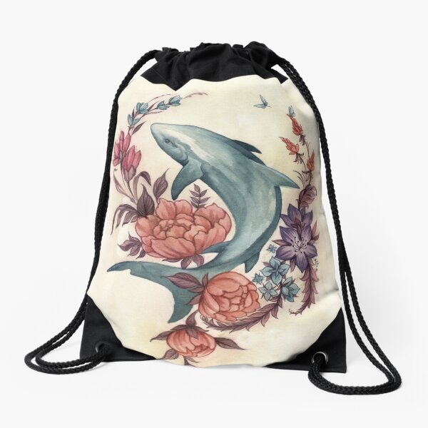 Floral Shark Drawstring Bag