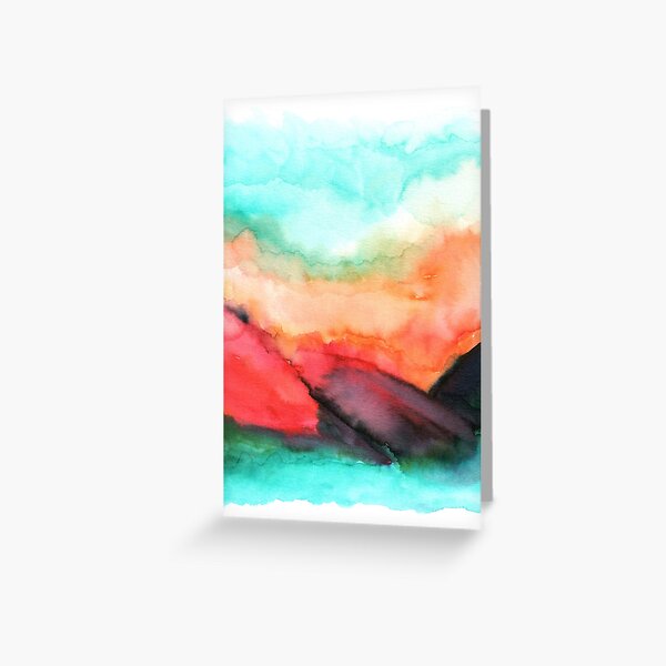 Fiery Sunset Mountain Watercolor Painting Greeting Card