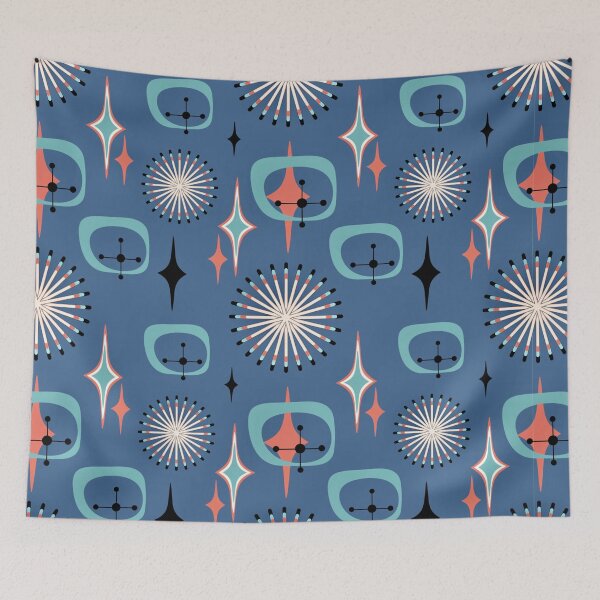 Item preview, Mid century modern geometric pattern on blue background  designed and sold by Bonheurem.