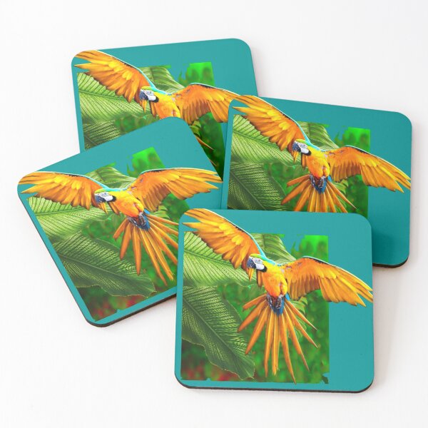 Item preview, FLYING GOLDEN MACAW PARROT IN GREEN JUNGLE ART designed and sold by sharlesart.